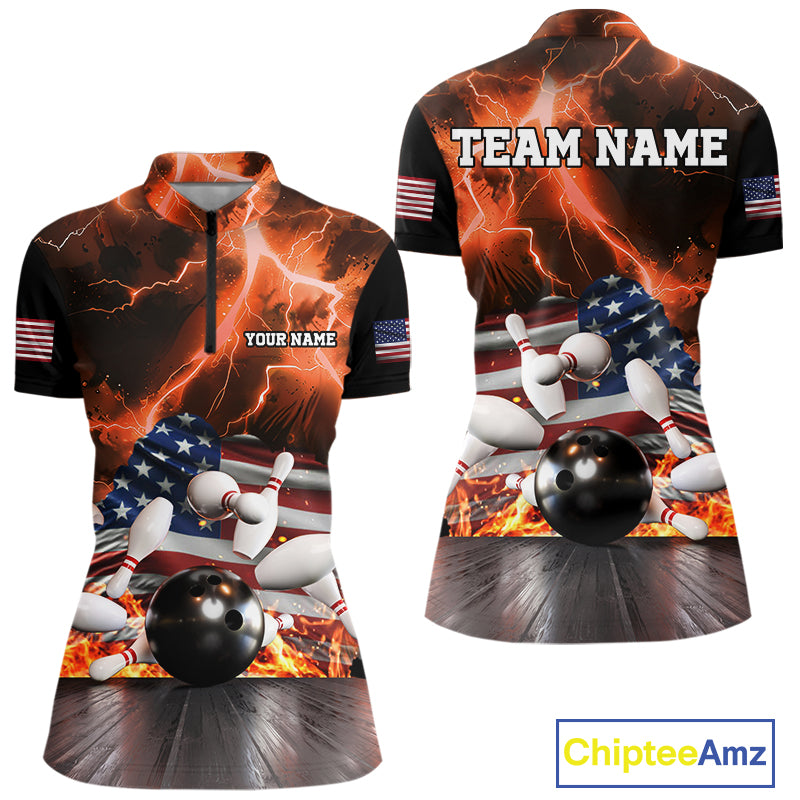 Orange Lightning thunder American Flag Bowling Shirt For Women Custom Bowling Team League Jersey NQS10291