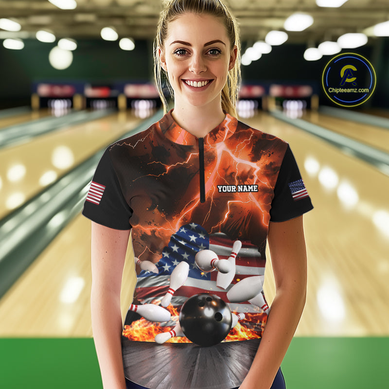 Orange Lightning thunder American Flag Bowling Shirt For Women Custom Bowling Team League Jersey NQS10291