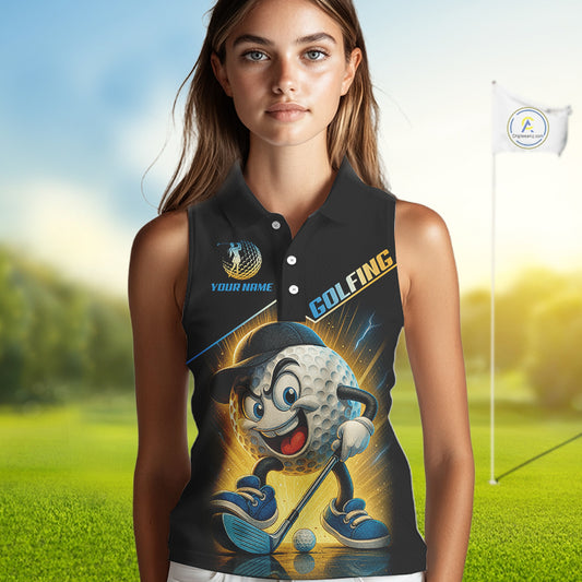 Funny Golf Ball Women Sleeveless Polo Shirt custom name black golf shirt, best team golf shirts NQS10292