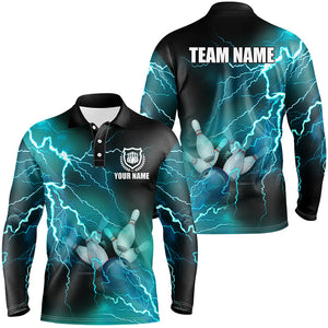 Mens bowling shirts Custom cyan blue lightning thunder Bowling Team Jersey, gift for team Bowlers NQS8316