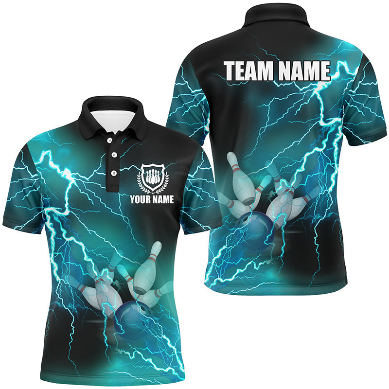 Mens bowling shirts Custom cyan blue lightning thunder Bowling Team Jersey, gift for team Bowlers NQS8316