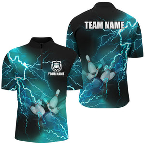 Mens bowling shirts Custom cyan blue lightning thunder Bowling Team Jersey, gift for team Bowlers NQS8316