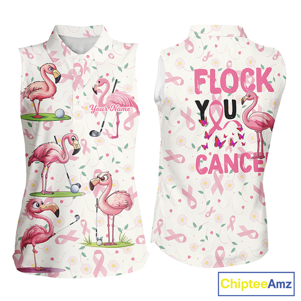 Womens sleeveless polo shirts custom pink ribbons breast cancer flamingo golf shirts flock you cancer NQS8507