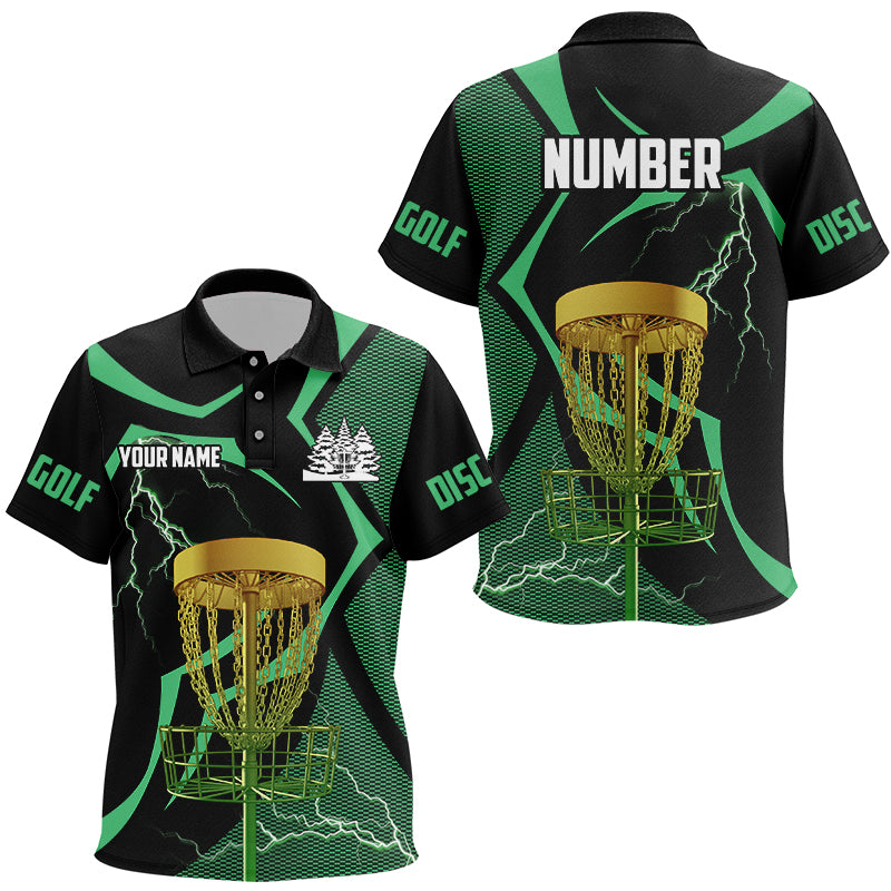 Black green Kid disc golf polos shirt custom lightning thunder disc golf basket, disc golf gifts NQS8520