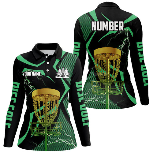 Black green Womens disc golf polo shirts custom lightning thunder disc golf basket, disc golf gifts NQS8520