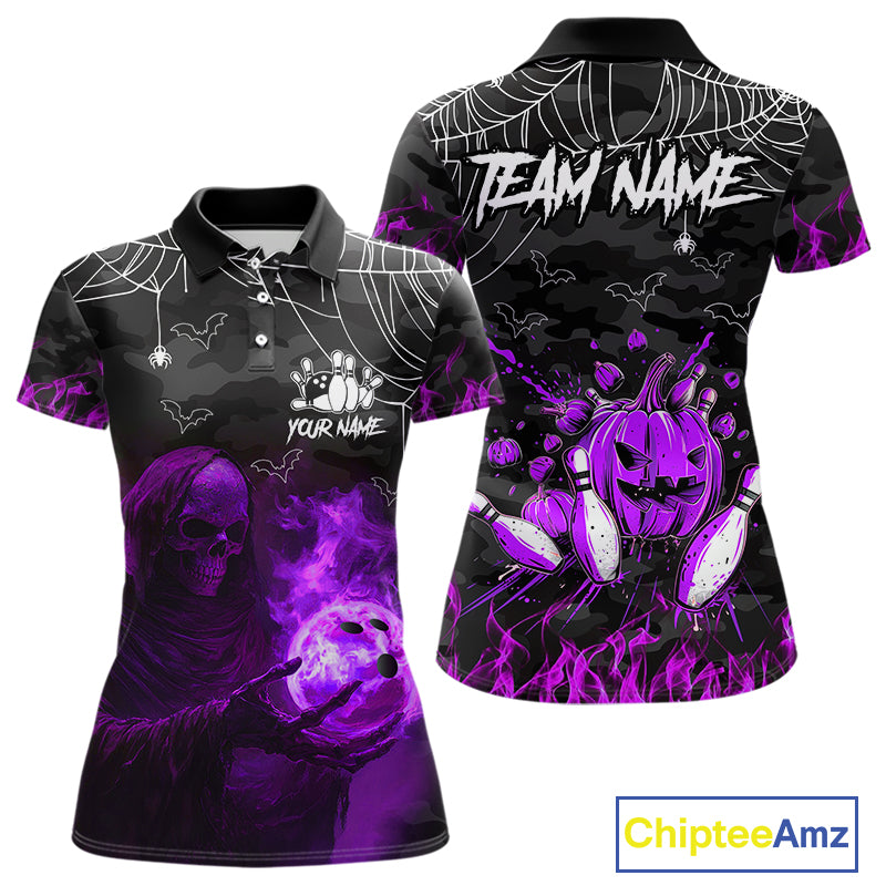 Black Bowling Camo Purple flame Skull Custom Halloween Bowling Shirts For Women, Bowling Team Jerseys NQS10706