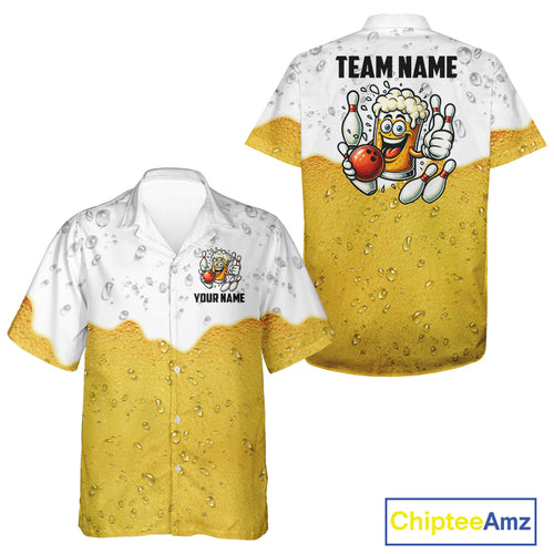 Custom White And Yellow Funny Beer Bowling Hawaiian Shirt, Beer Glass Bowling Button up shirt NQS10918