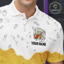 Load image into Gallery viewer, Custom White And Yellow Funny Beer Bowling Men Polo, Quarter Zip Shirts, Beer Glass Bowling Jersey NQS10918