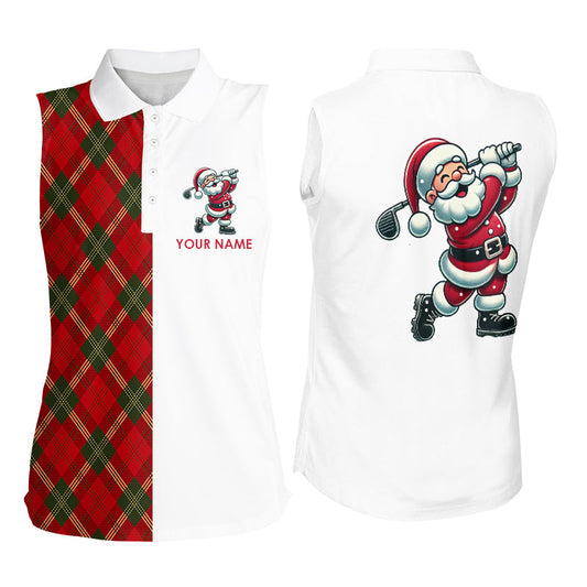 Red Plaid Christmas pattern Santa Golf sleeveless Polo Shirt custom Xmas golf top for ladies NQS8995