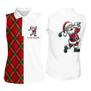 Red Plaid Christmas pattern Santa Golf sleeveless Polo Shirt custom Xmas golf top for ladies NQS8995