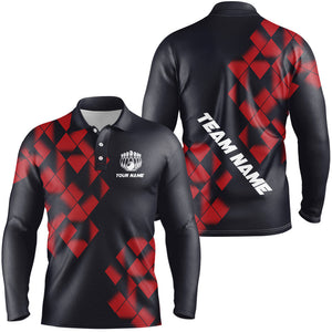 Black and Red Argyle Pattern Bowling Polo, Quarter Zip Shirts For Men Custom Bowling Team Jerseys NQS9001