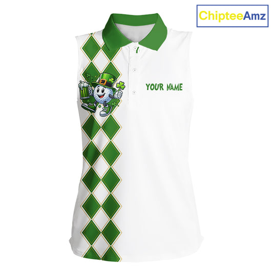 White and Green argyle pattern Sleeveless polo shirts Custom funny St Patrick day ladies golf outfit NQS11296