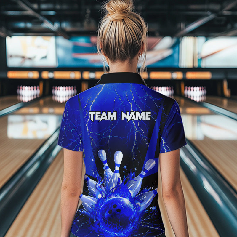 Blue Flame Lightning Thunder Bowling Polo, Quarter Zip Shirt For Women Custom Bowling Team Jersey NQS9425