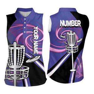 Black and Purple Womens sleeveless polo shirt custom name and number team disc golf jerseys NQS9586