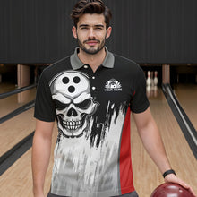 Load image into Gallery viewer, Black and White Skull Bowling Polo, Quarter Zip Shirts For Men Custom Bowling Team Jerseys | Red NQS9587