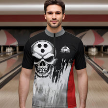 Load image into Gallery viewer, Black and White Skull Bowling Polo, Quarter Zip Shirts For Men Custom Bowling Team Jerseys | Red NQS9587