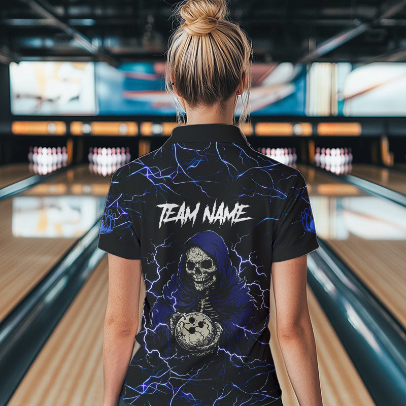 Black and Blue Lightning Thunder Skull reaper Bowling Shirts For Women Custom Bowling Team Jerseys NQS9590