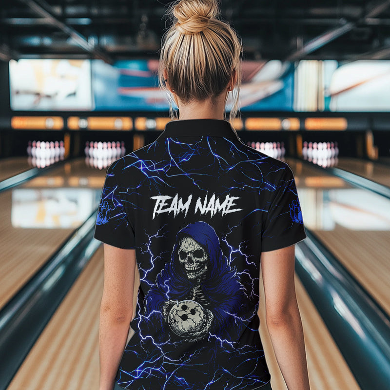 Black and Blue Lightning Thunder Skull reaper Bowling Shirts For Women Custom Bowling Team Jerseys NQS9590