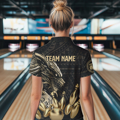 Black and Gold Dragon Tribal Bowling Polo, 1/4 Zip Shirts For Women Custom Retro Bowling Team Jerseys NQS9591