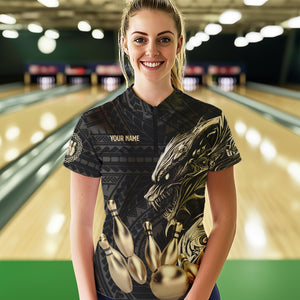 Black and Gold Dragon Tribal Bowling Polo, 1/4 Zip Shirts For Women Custom Retro Bowling Team Jerseys NQS9591