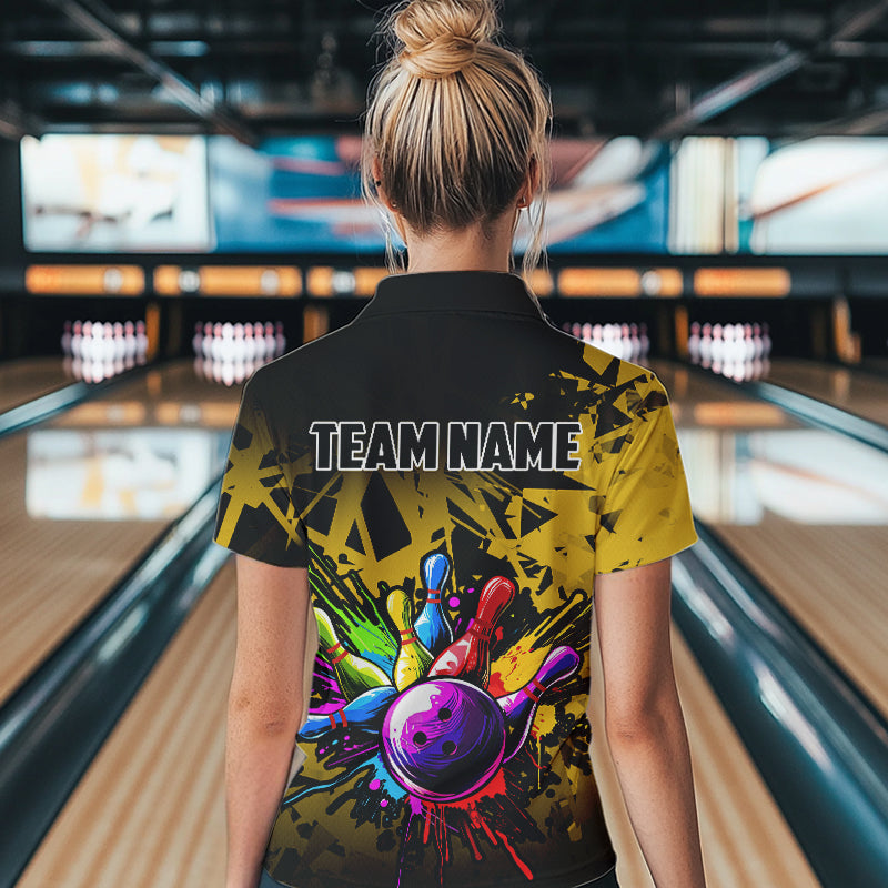 Colorful bowling jersey Polo, 1/4 Zip Shirt for Women Custom Bowling Team shirts for bowler| Yellow NQS9728