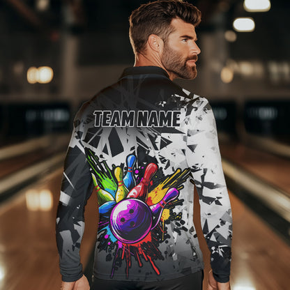 Colorful bowling jerseys Polo, 1/4 Zip Shirt for Men Custom Bowling Team shirts for bowler | White NQS9729