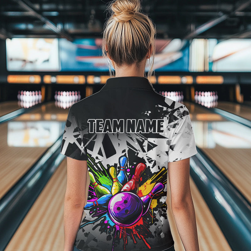 Colorful bowling jersey Polo, 1/4 Zip Shirt for Women Custom Bowling Team shirts for bowler| White NQS9729