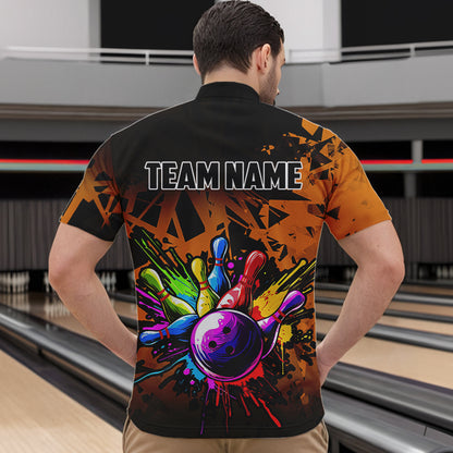 Colorful bowling jerseys Polo, 1/4 Zip Shirt for Men Custom Bowling Team shirts for bowler | Orange NQS9730