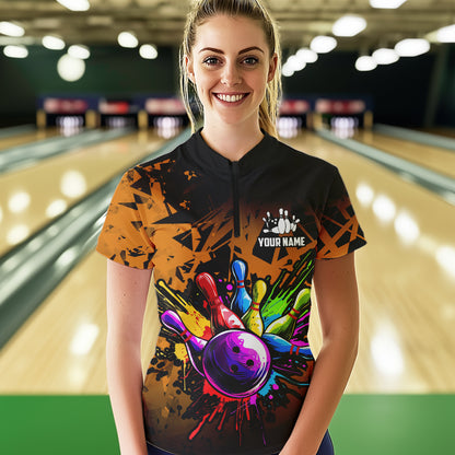 Colorful bowling jersey Polo, 1/4 Zip Shirt for Women Custom Bowling Team shirts for bowler| Orange NQS9730