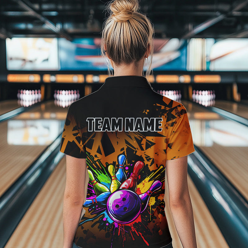 Colorful bowling jersey Polo, 1/4 Zip Shirt for Women Custom Bowling Team shirts for bowler| Orange NQS9730
