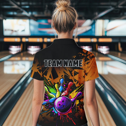 Colorful bowling jersey Polo, 1/4 Zip Shirt for Women Custom Bowling Team shirts for bowler| Orange NQS9730
