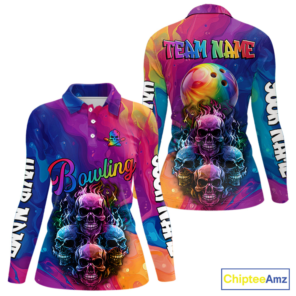 Colorful Rainbow Flame Skull Bowling Polo, Quarter Zip Shirts for Women Custom Bowling Team Jerseys NQS9731