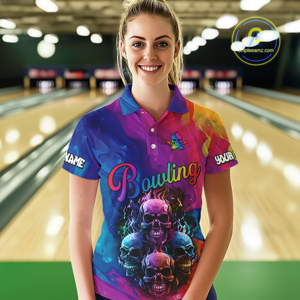 Colorful Rainbow Flame Skull Bowling Polo, Quarter Zip Shirts for Women Custom Bowling Team Jerseys NQS9731