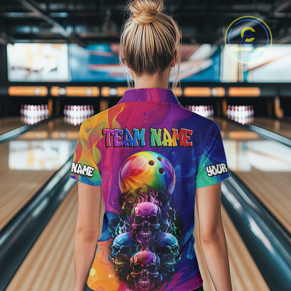 Colorful Rainbow Flame Skull Bowling Polo, Quarter Zip Shirts for Women Custom Bowling Team Jerseys NQS9731