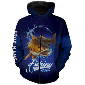 Fishing Makes Me Happy Redfish Puppy Drum Fishing Customized Name 3D All Over printed Shirts NQS301