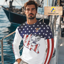 Load image into Gallery viewer, Red, White and Blue American Flag Redfish Fishing custom patriotic Redfish performance fishing shirts NQS10002