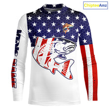 Load image into Gallery viewer, Red, White and Blue American Flag Redfish Fishing custom patriotic Redfish performance fishing shirts NQS10002