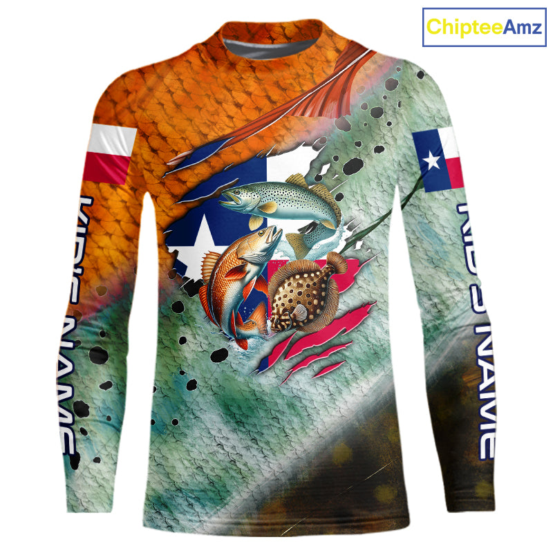 Texas slam redfish trout flounder scales Texas flag Custom patriotic fishing long sleeve shirts NQS10163