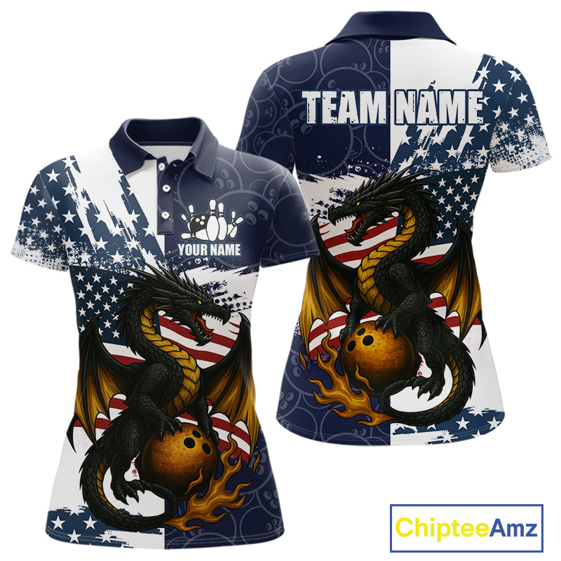 Red, White and Blue American Flag Dragon Bowling Shirt For Women Custom Patriotic Bowling Team Jersey NQS10294