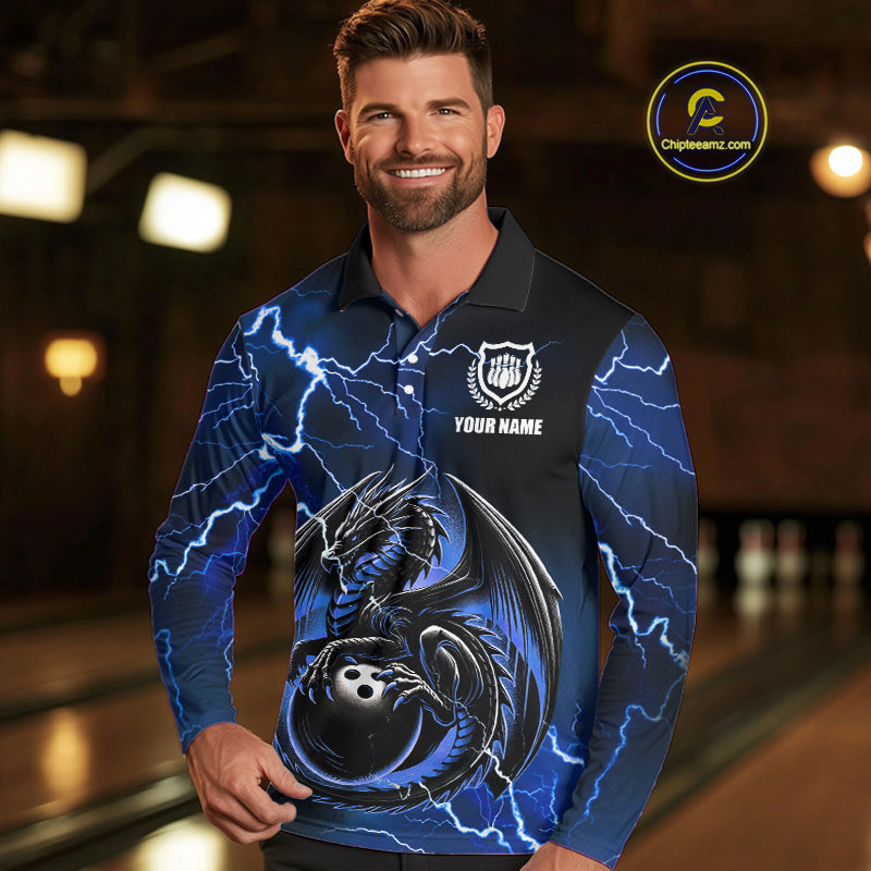 Personalized Black And Blue Thunder Lightning Dragon Bowling Shirts For Men, Bowling Team Uniform NQS10295