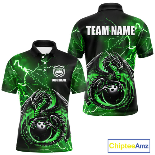Personalized Black And Green Thunder Lightning Dragon Bowling Shirts For Men, Bowling Team Uniform NQS10296