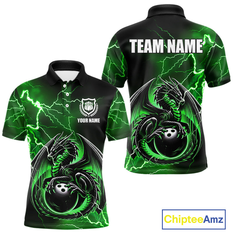 Personalized Black And Green Thunder Lightning Dragon Bowling Shirts For Men, Bowling Team Uniform NQS10296