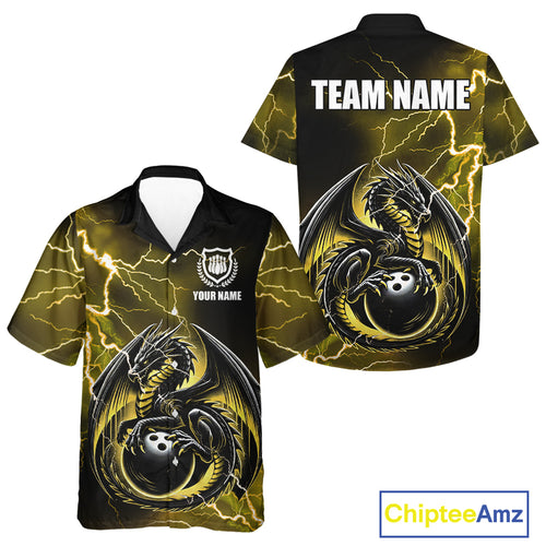 Personalized Black And Yellow Thunder Lightning Dragon Bowling Hawaiian Shirt, Bowling Team Uniform NQS10297