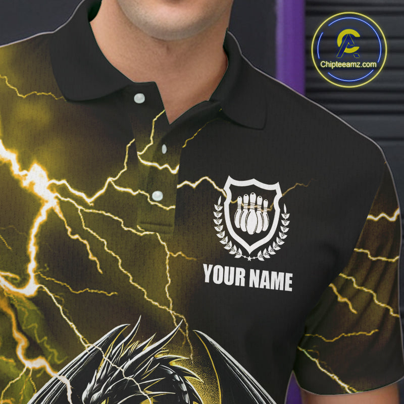 Personalized Black And Yellow Thunder Lightning Dragon Bowling Shirts For Men, Bowling Team Uniform NQS10297
