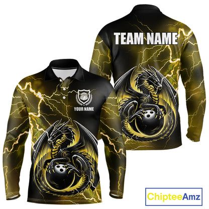 Personalized Black And Yellow Thunder Lightning Dragon Bowling Shirts For Men, Bowling Team Uniform NQS10297