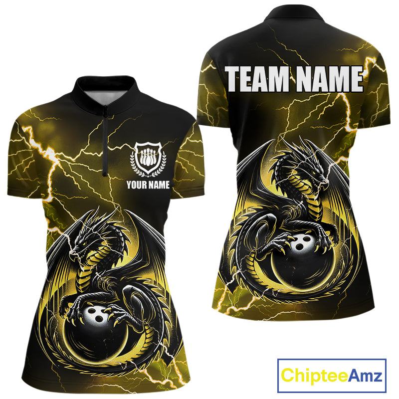 Personalized Black And Yellow Thunder Lightning Dragon Bowling Shirts For Women, Bowling Team Uniform NQS10297