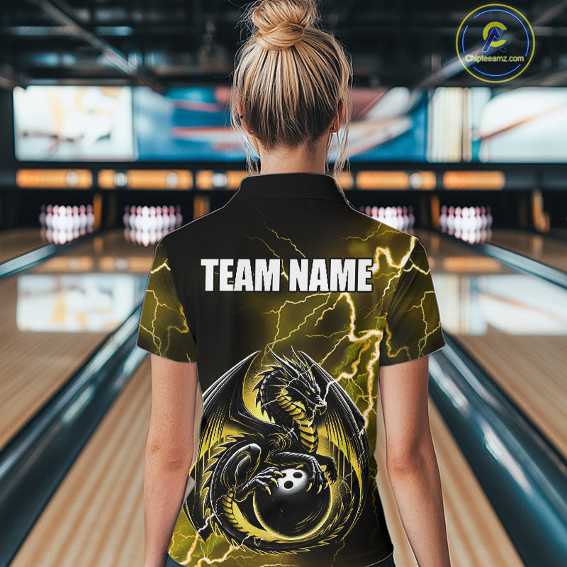 Personalized Black And Yellow Thunder Lightning Dragon Bowling Shirts For Women, Bowling Team Uniform NQS10297