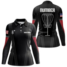 Load image into Gallery viewer, Womens disc golf basket polo shirts custom name, number black disc golf shirts, disc golf outfit NQS6193