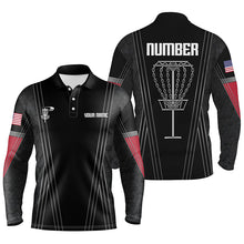 Load image into Gallery viewer, Mens disc golf basket polo shirts custom name, number black disc golf shirt, disc golf outfit NQS6193