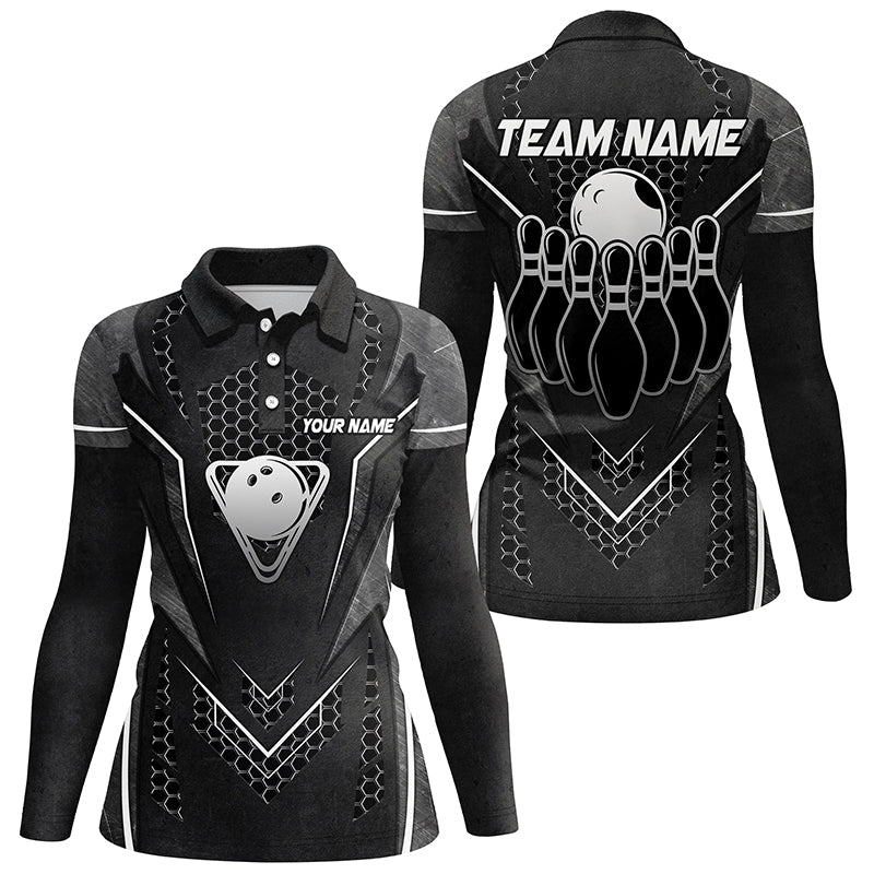 Black Hexagon pattern bowling ball and pins Women bowling shirts custom Team bowling league jerseys NQS8328